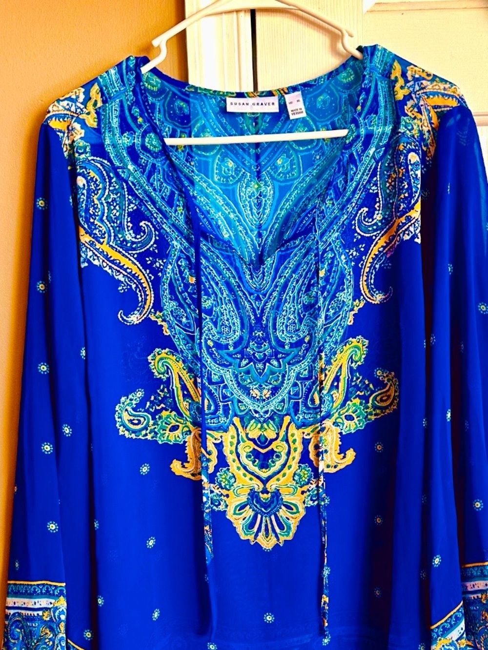 Susan Graver XL Cobalt Blue Paisley V-Neck Tunic with Yellow Accents - Picture 6 of 6